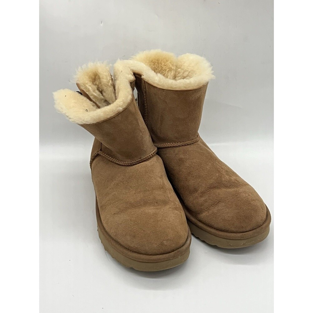 UGG Women’s Brown Suede Shearling Ankle Boots Animal Print Bow Fur Trim US 10